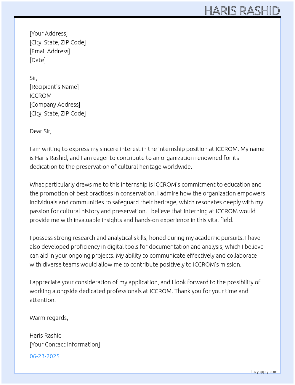 Internship At ICCROM Cover Letter