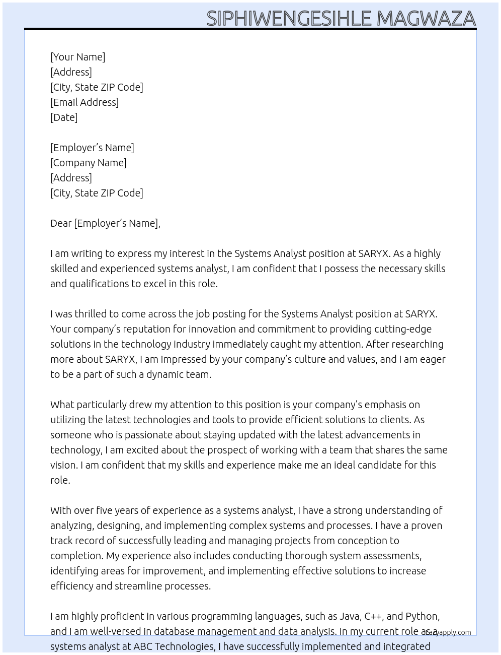 systems analyst At SARYX Cover Letter