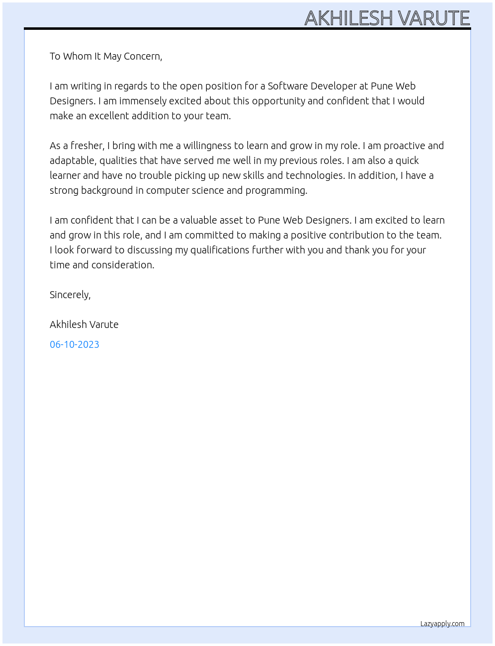 Software Developer fresher At pune web designers Cover Letter