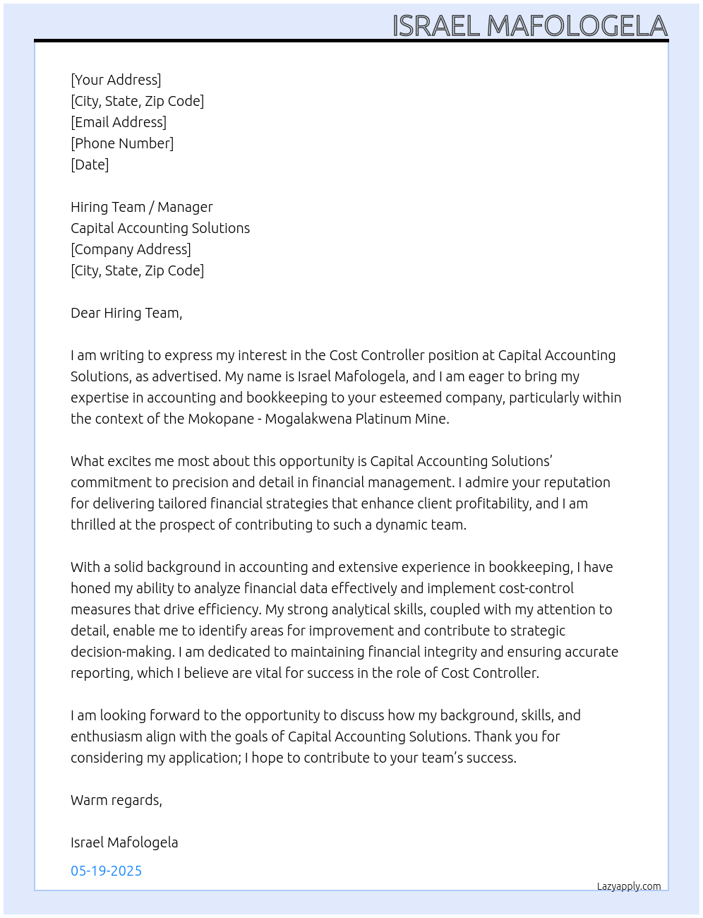 Cover letter for cost controller - LazyApply