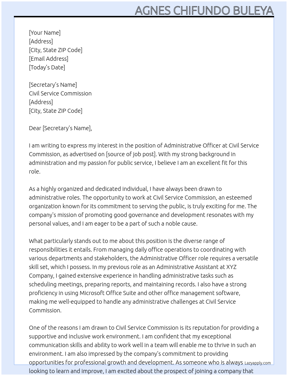 Administrative Officer At Civil Service Commission Cover Letter