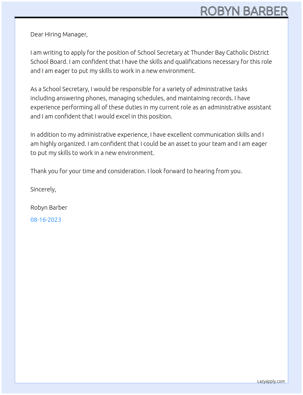 School Secretary At Thunder Bay Catholic District School Board Cover Letter