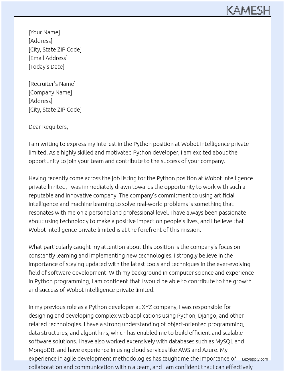 Python At Wobot intelligence private limited Cover Letter