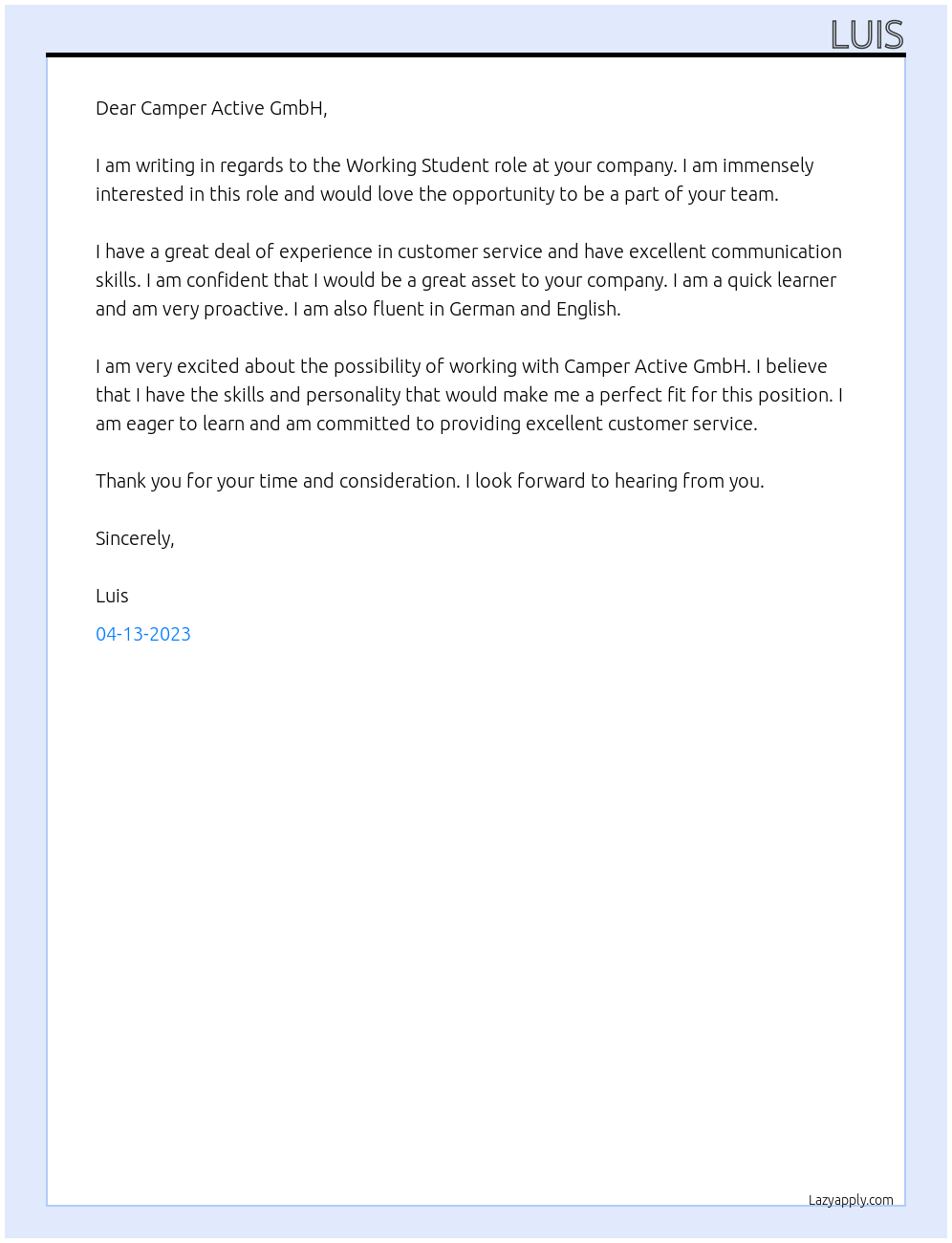 Working student At Camper Active GmbH Cover Letter