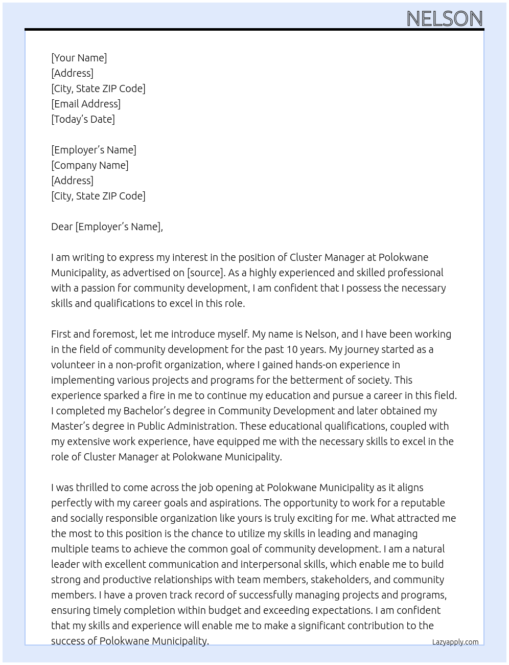 Cluster Manager At Polokwane Municipality Cover Letter