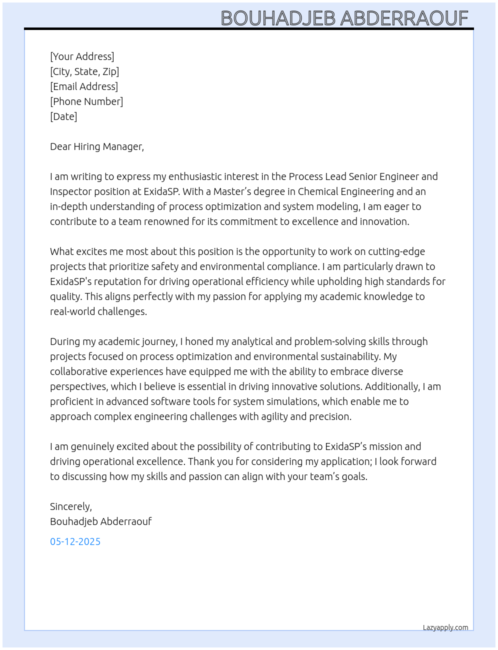 Process Lead senior engineer and inspector  At LinkedIn  Cover Letter