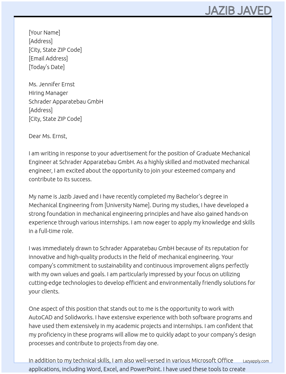 Graduate mechanical engineer At Schrader Apparatebau GmbH Cover Letter