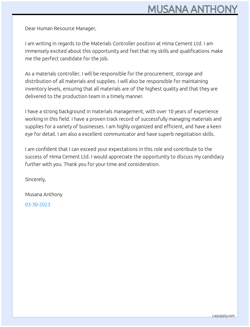 Materials Controller At Hima Cement Ltd Cover Letter