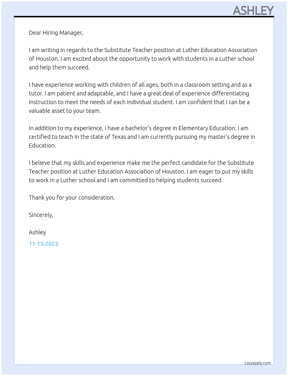 Substitute Teacher At Luther Education Association of Houston Cover Letter