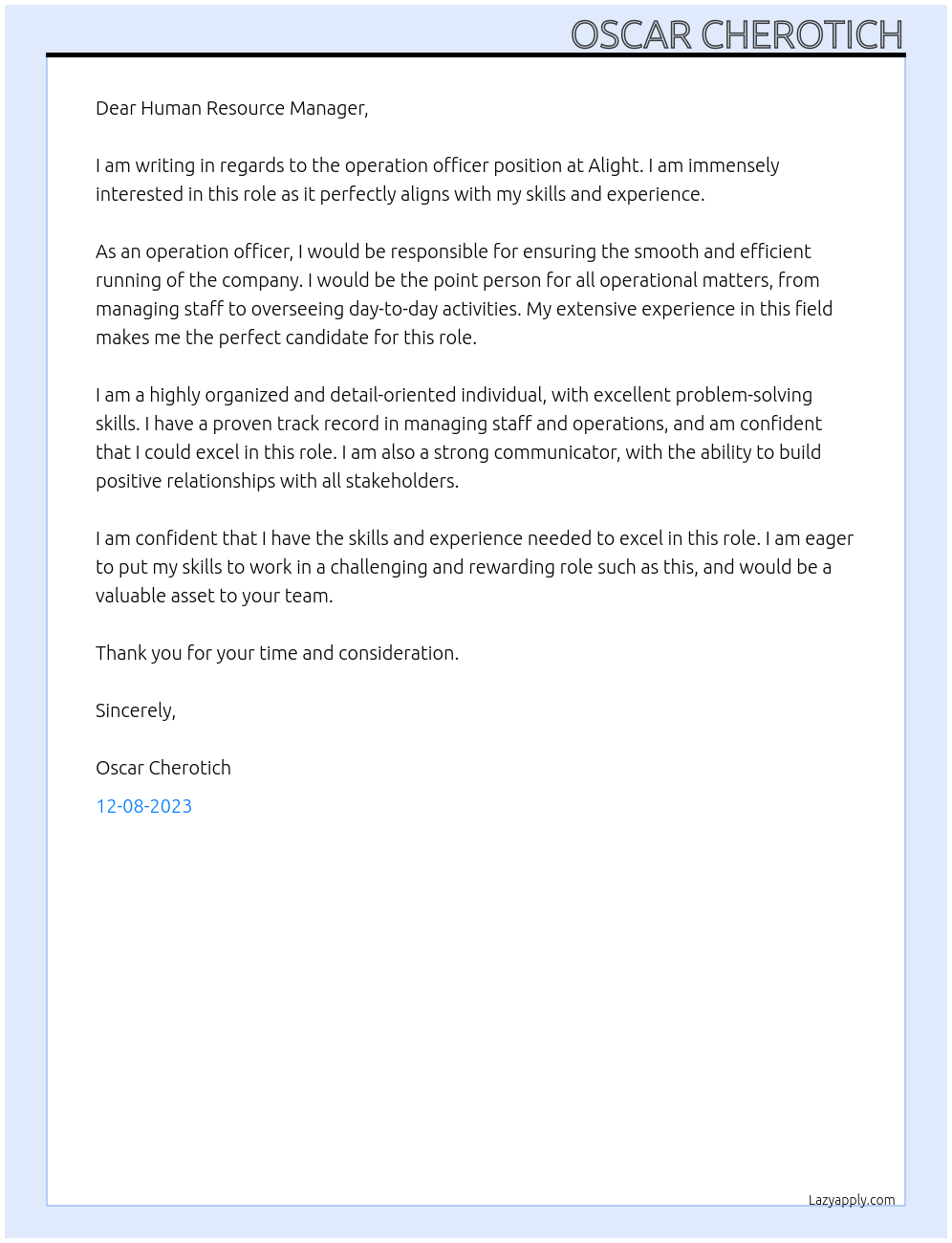 operation officer At  Alight  Cover Letter