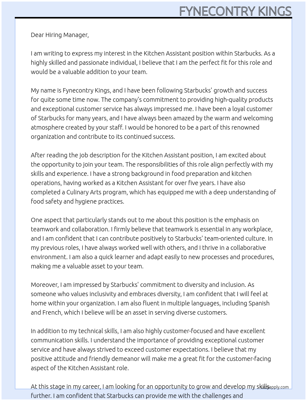 Kitchen Assistant At Starbucks Cover Letter