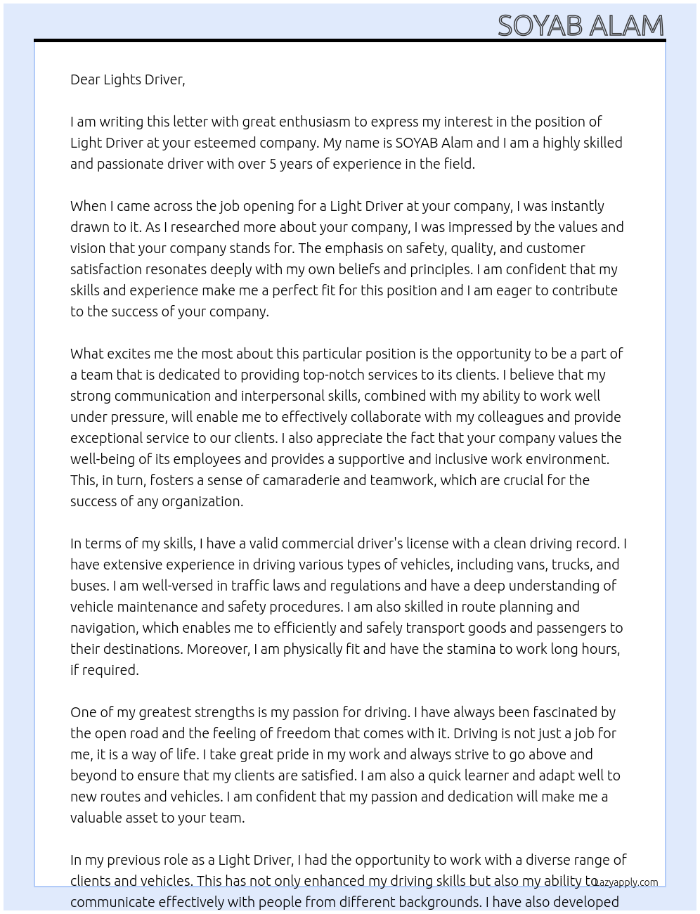 Light Driver At Not mention Cover Letter