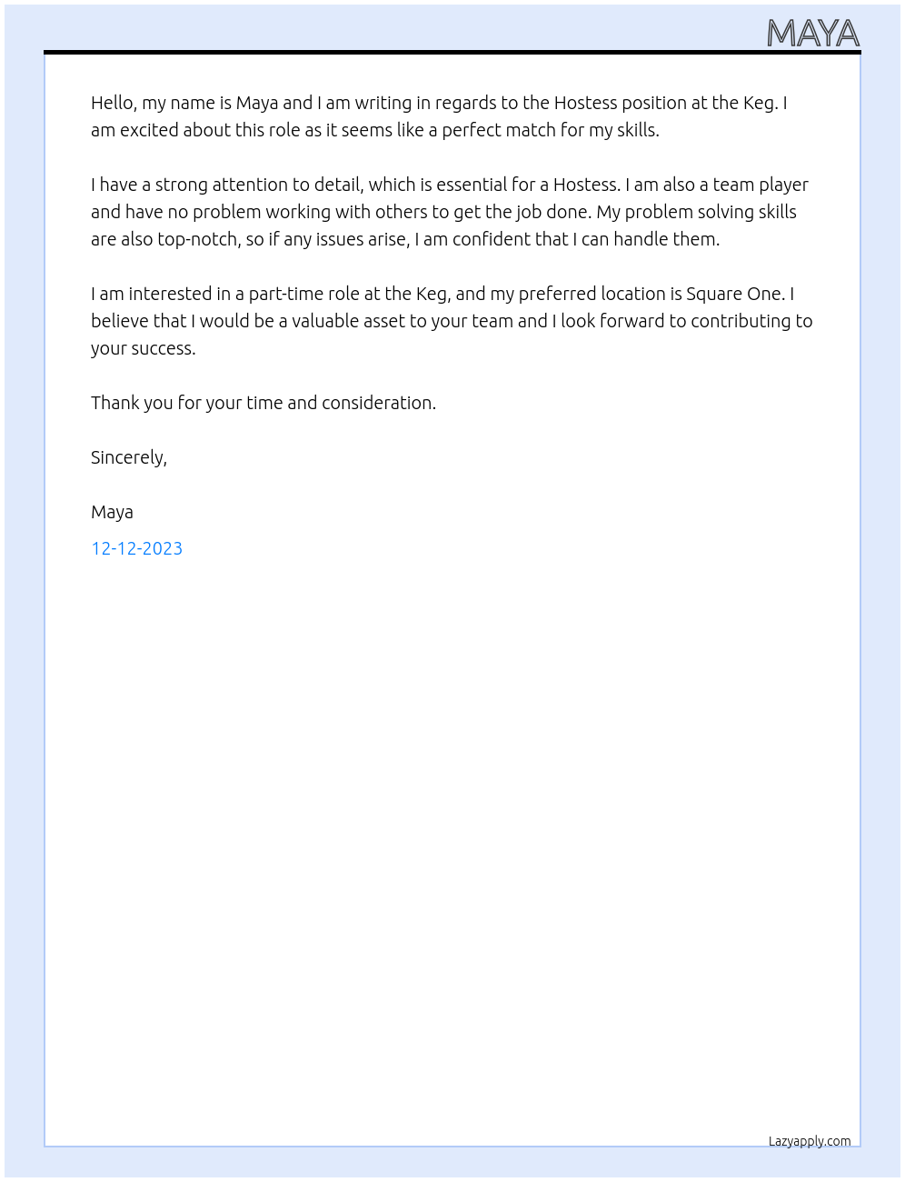 Hostess At the keg Cover Letter