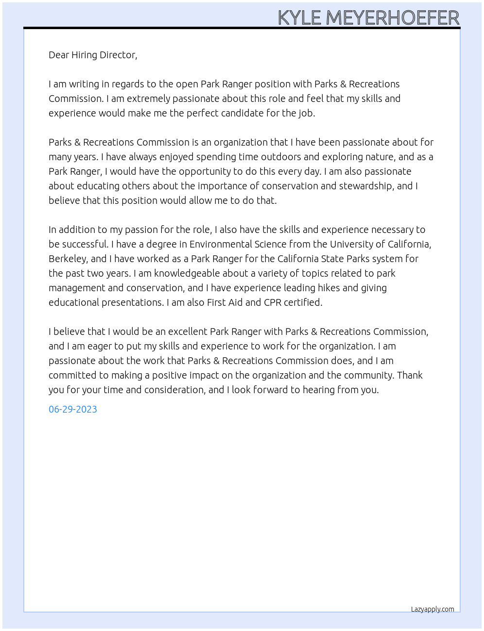 Park Ranger At Parks & Recreations Commission Cover Letter