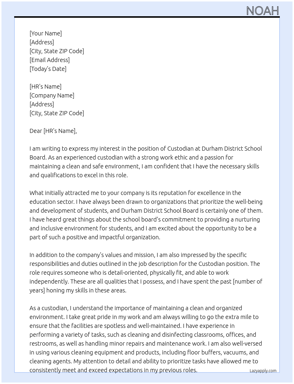 Custodian At Durham District School Board Cover Letter