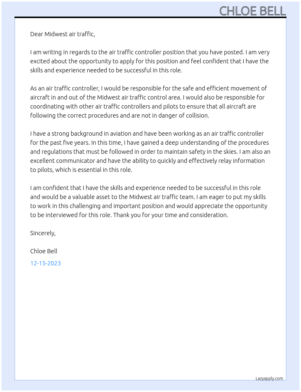 Air traffic controller At Midwest air traffic Cover Letter