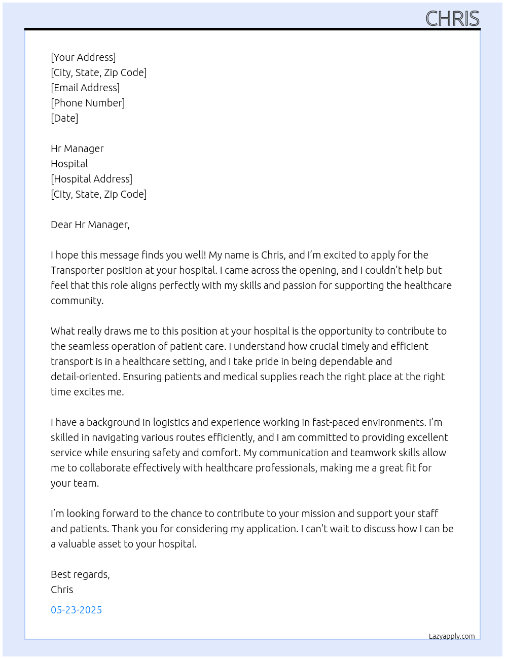 Transporter At Hospital Cover Letter