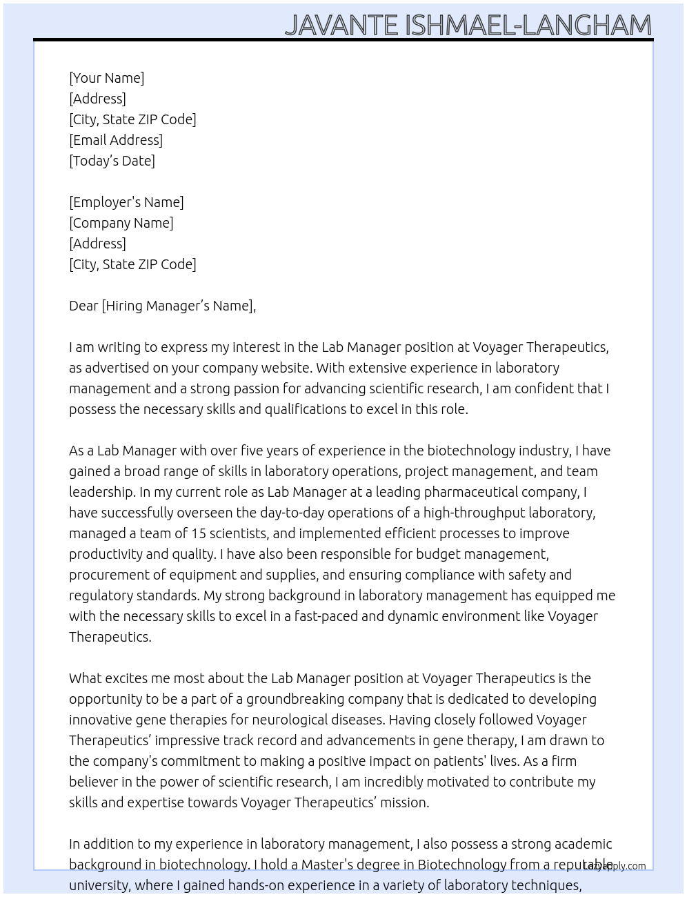 Lab Manager  At Voyager Therapeutics  Cover Letter