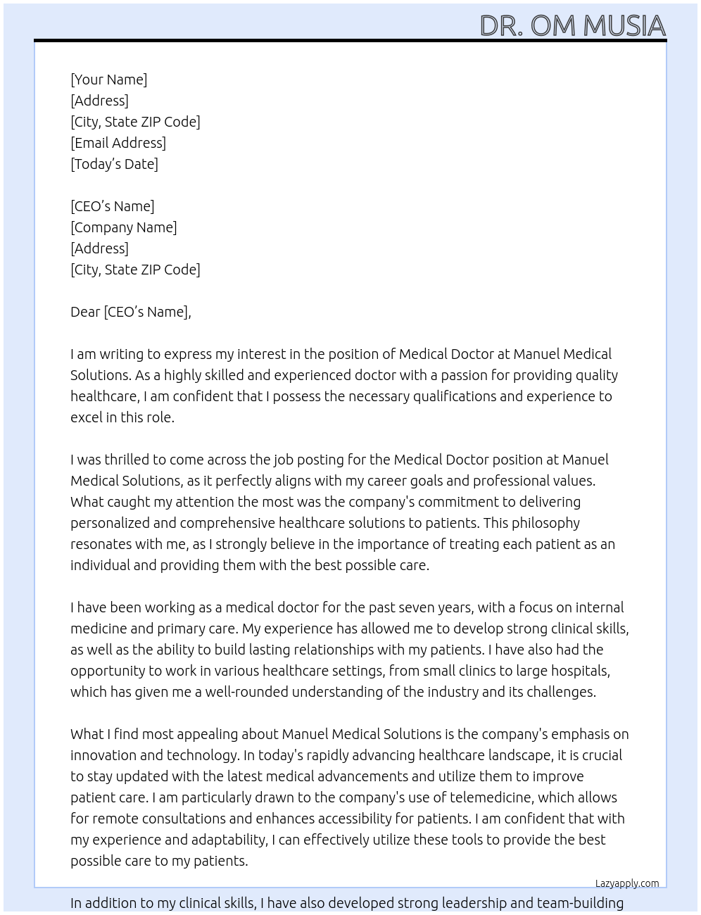 Medical doctor At Manuel Medical Solutions Cover Letter