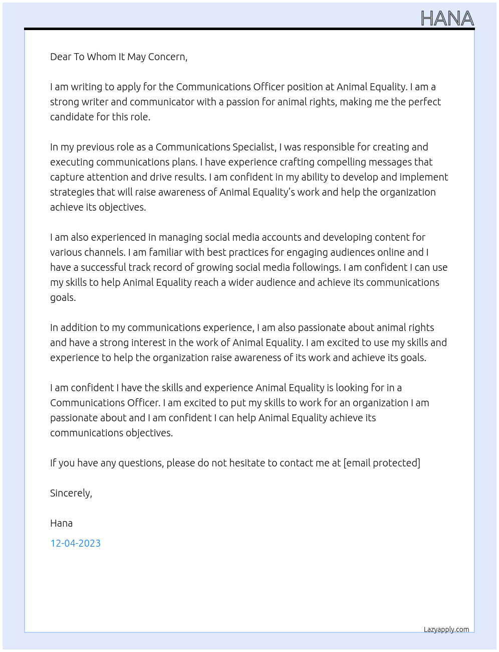 Communications Officer At Animal Equality Cover Letter