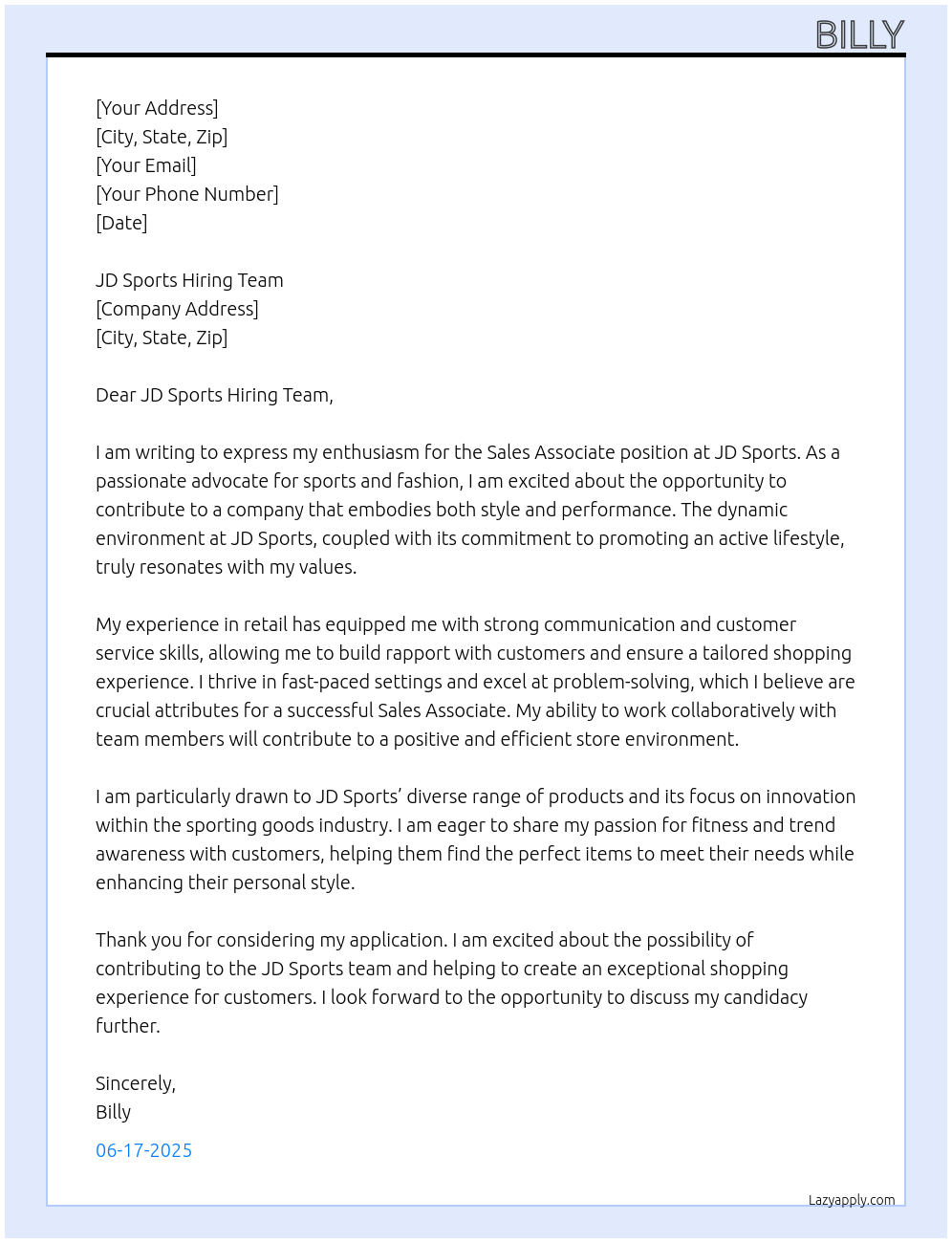 sales associate At JD sports Cover Letter