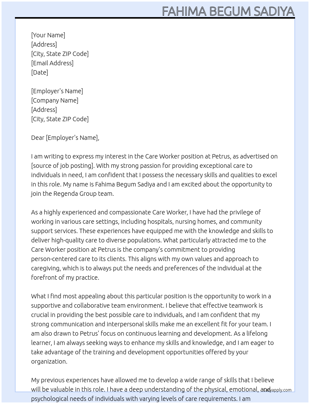 Care worker  At Petrus Cover Letter