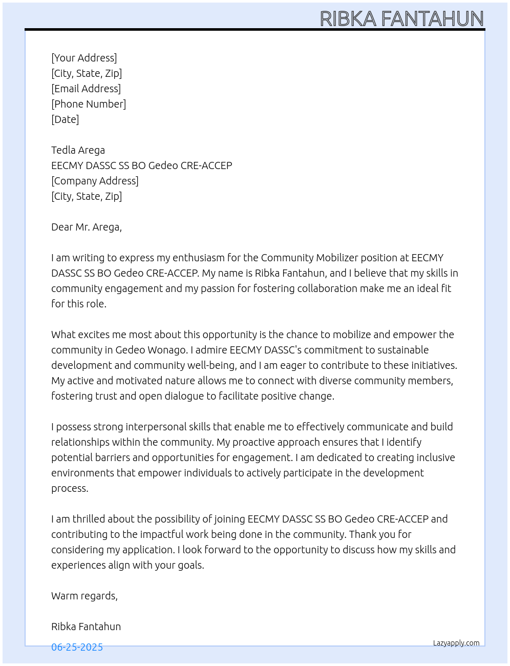 Community mobilizer At EECMY DASSC SS BO Gedeo CRE- ACCEP Cover Letter