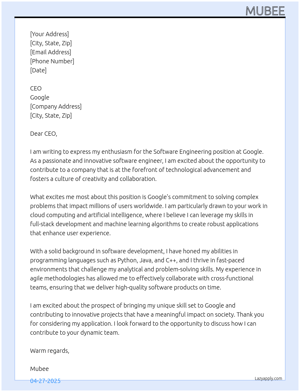 Software Engineering At Google Cover Letter