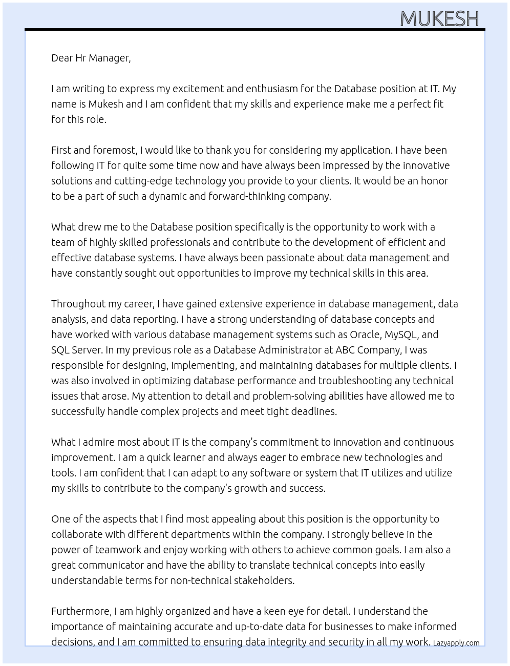 Database  At IT Cover Letter