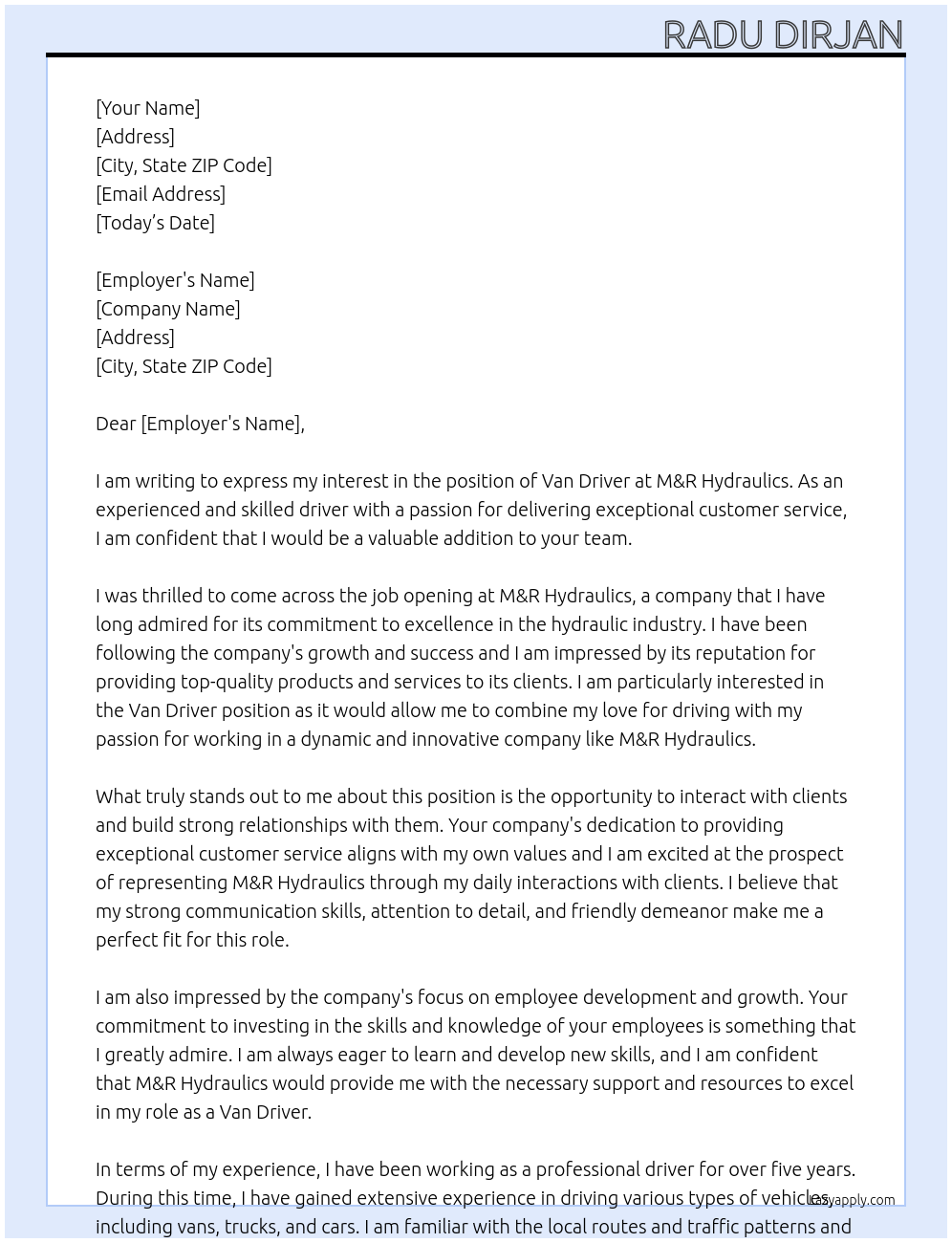 Van Driver At M&R Hydraulics Cover Letter