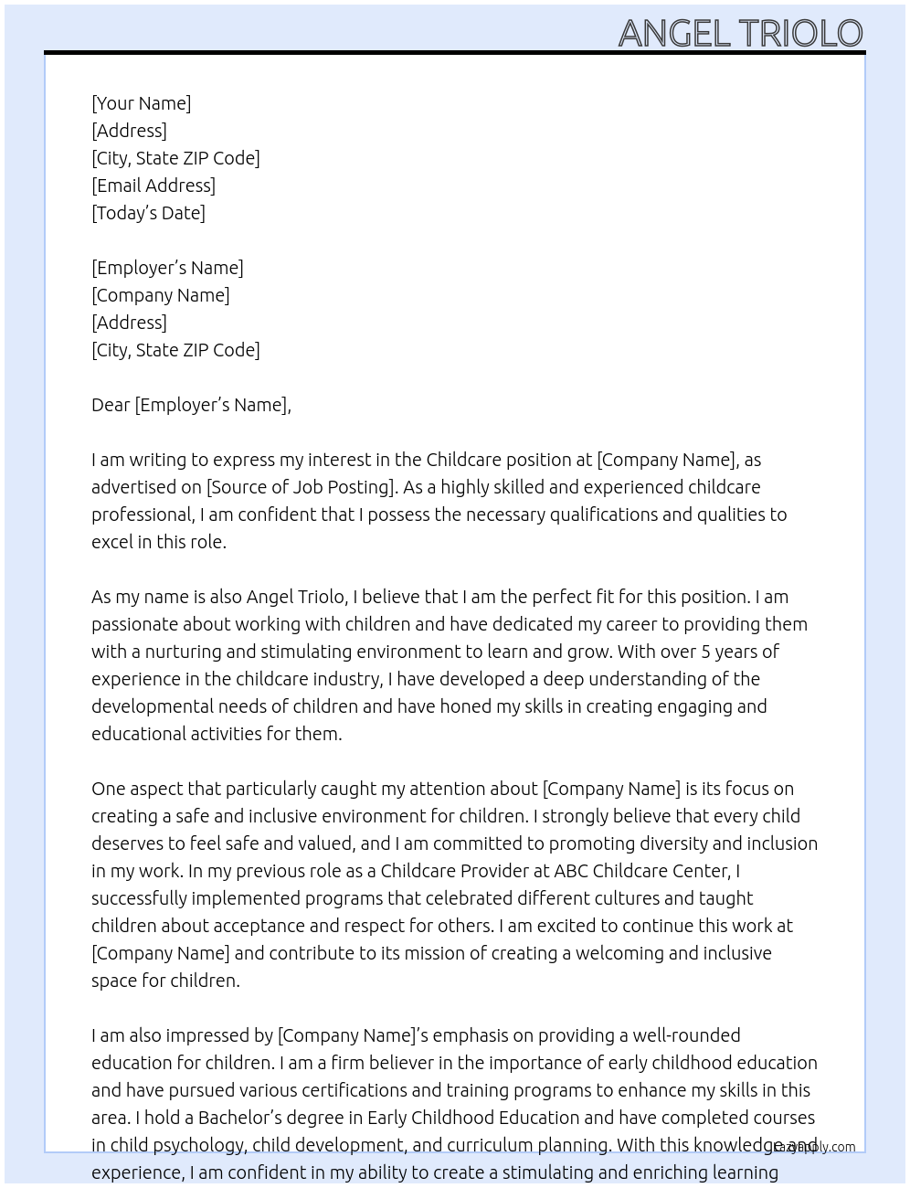 Childcare  At Angel Triolo Cover Letter
