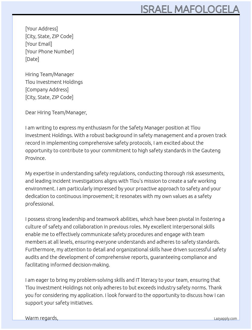 Safety Manager At Tlou Investment Holdings Cover Letter