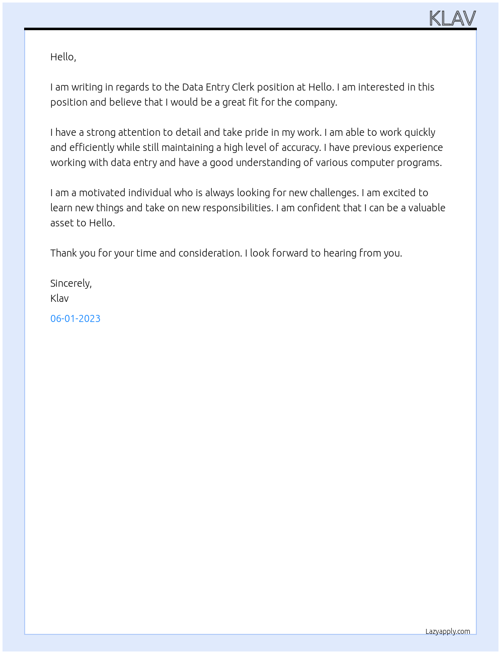 Data Entry Clerk At Hello Cover Letter