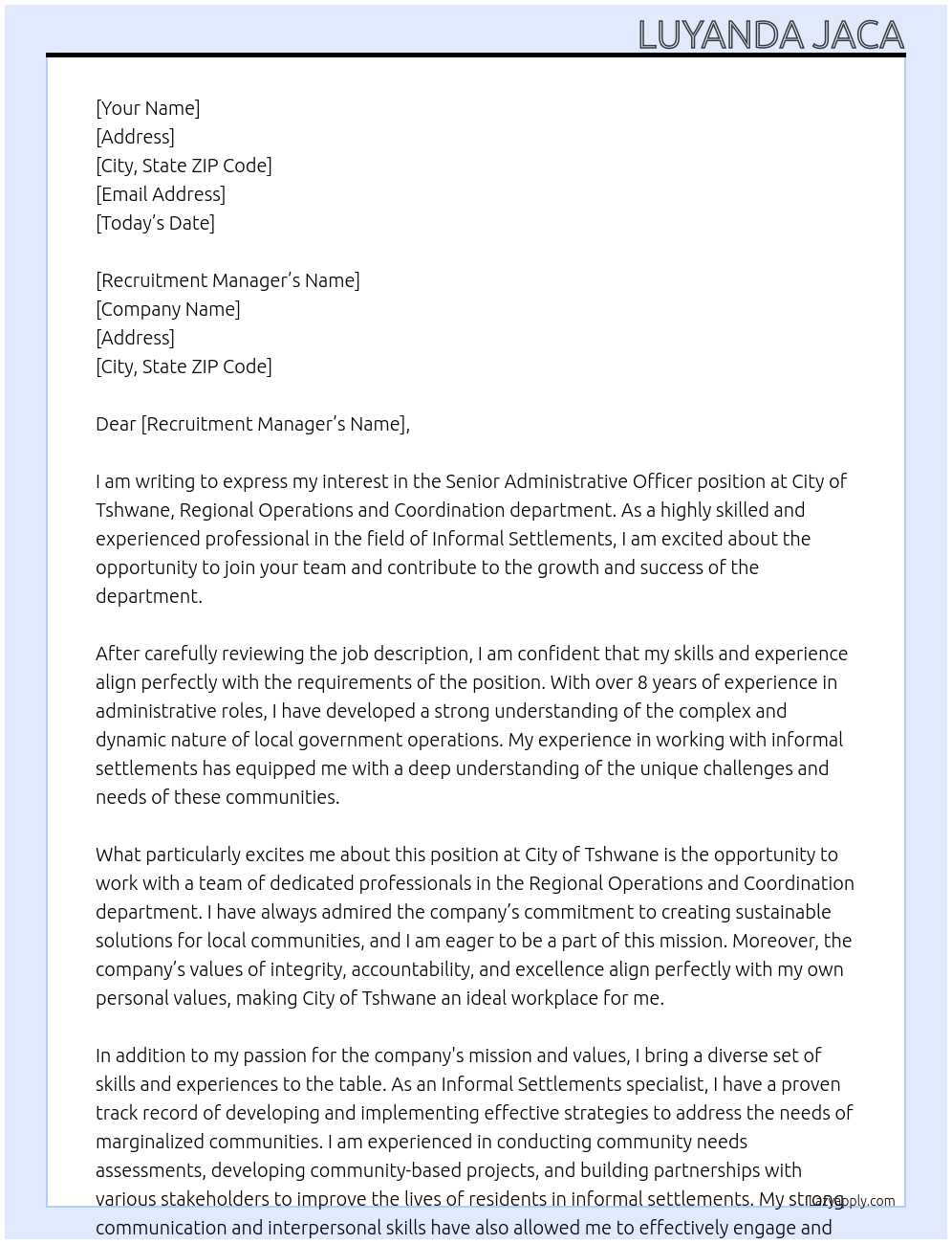 SENIOR ADMINISTRATIVE OFFICER At City of tshwane, REGIONAL OPERATIONS AND COORDINATION department Cover Letter