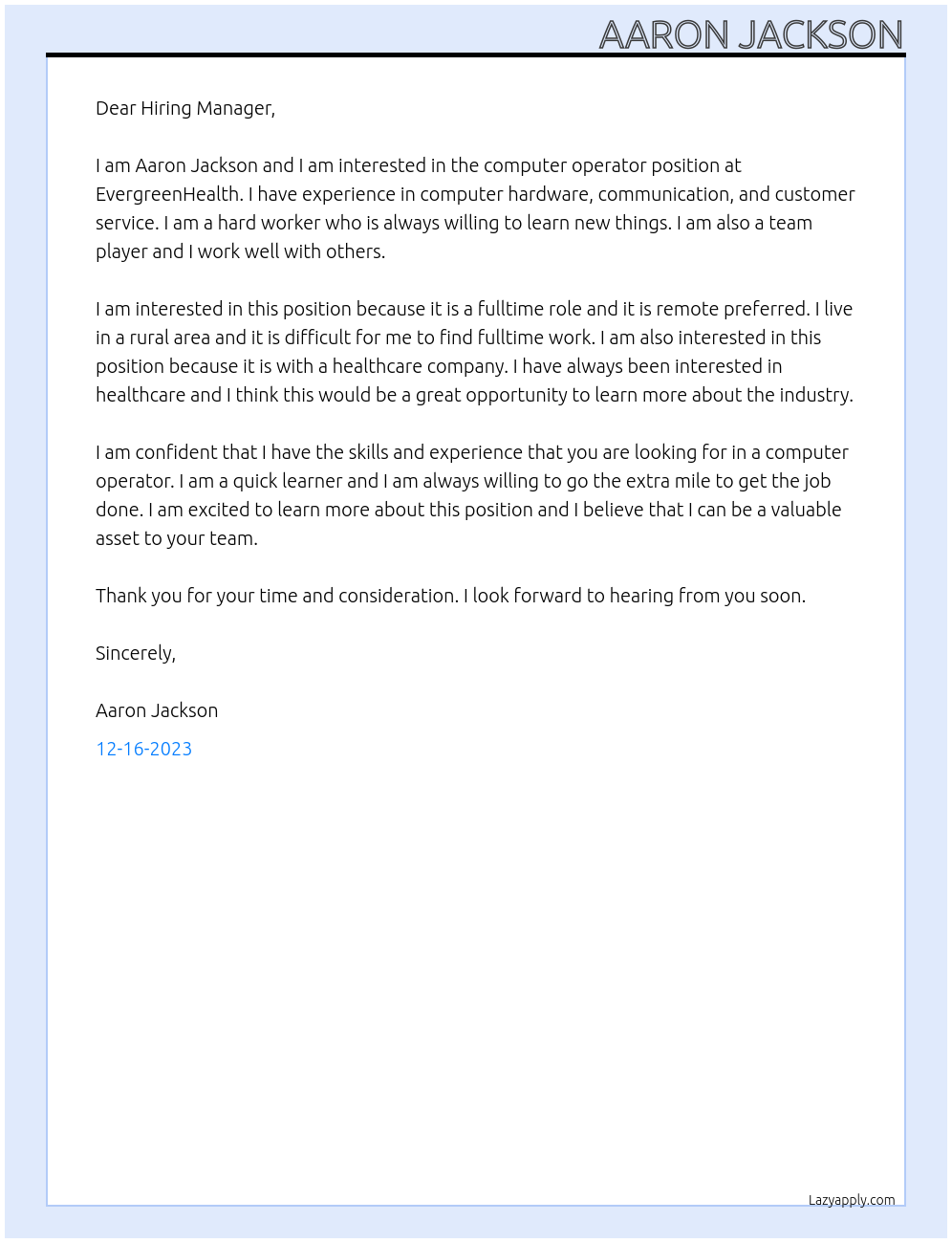 computer operator At EvergreenHealth Cover Letter