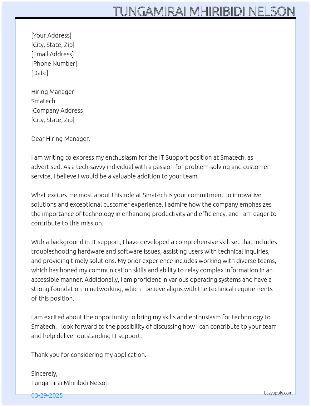 IT Support At Smatech Cover Letter