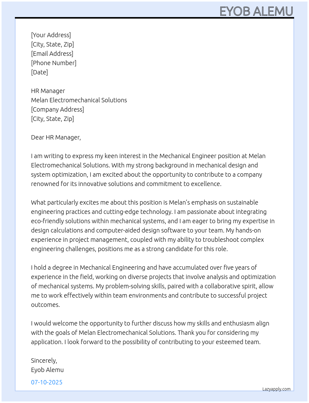 Mechanical Engineer At Melan Electromecanical Solutions Cover Letter