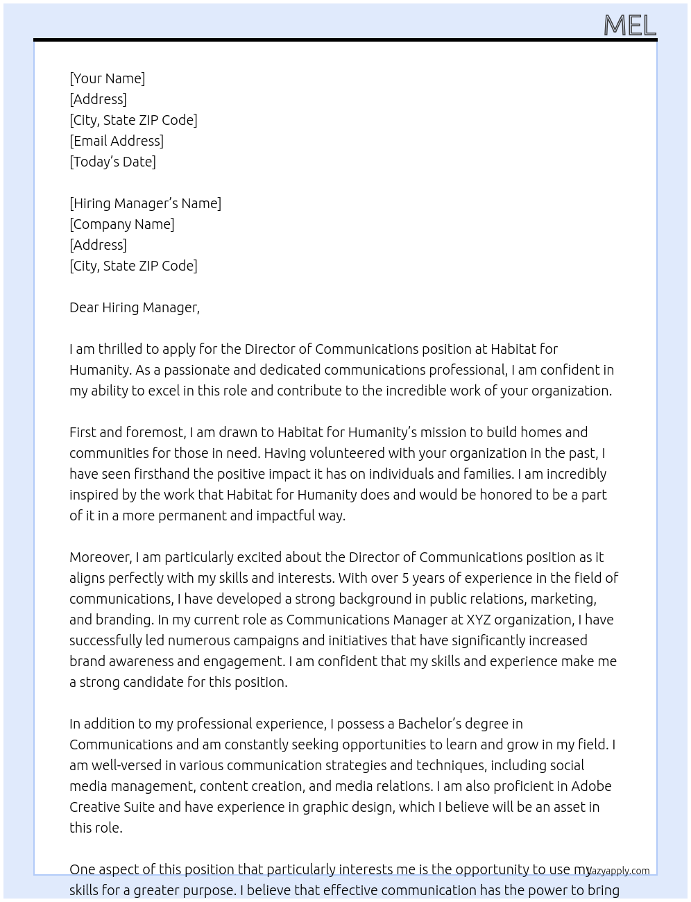 Director of Communications At Habitat for Humanity Cover Letter