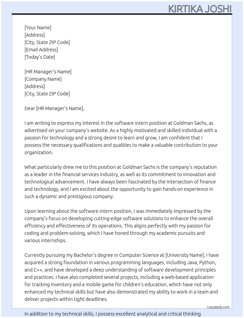 software intern At Goldman Sachs Cover Letter