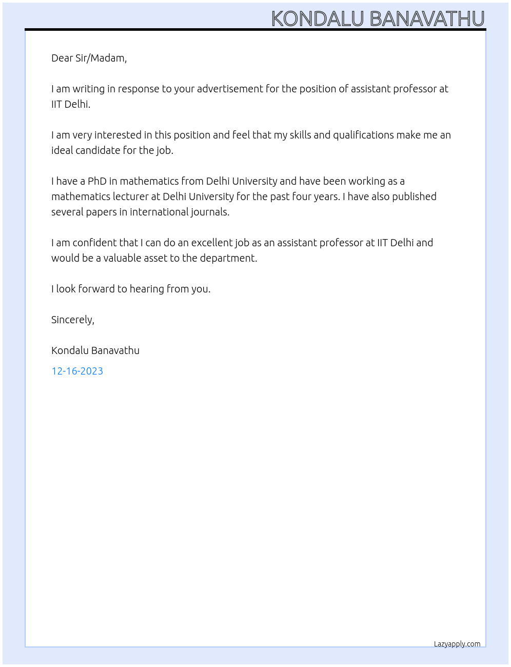 assistant professor At IIT DELHI Cover Letter