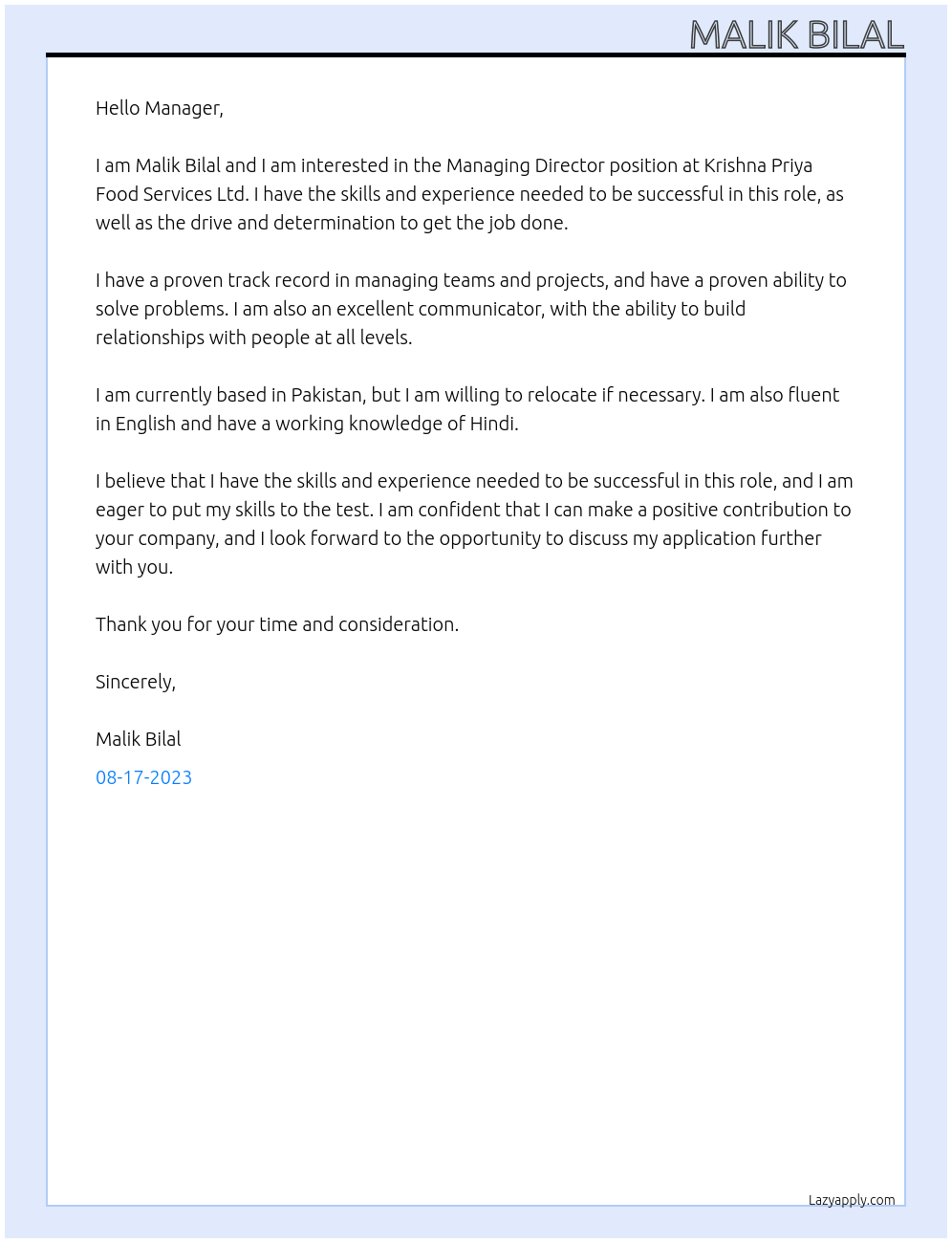 Managing director At Krishna Priya Food Services Ltd Cover Letter