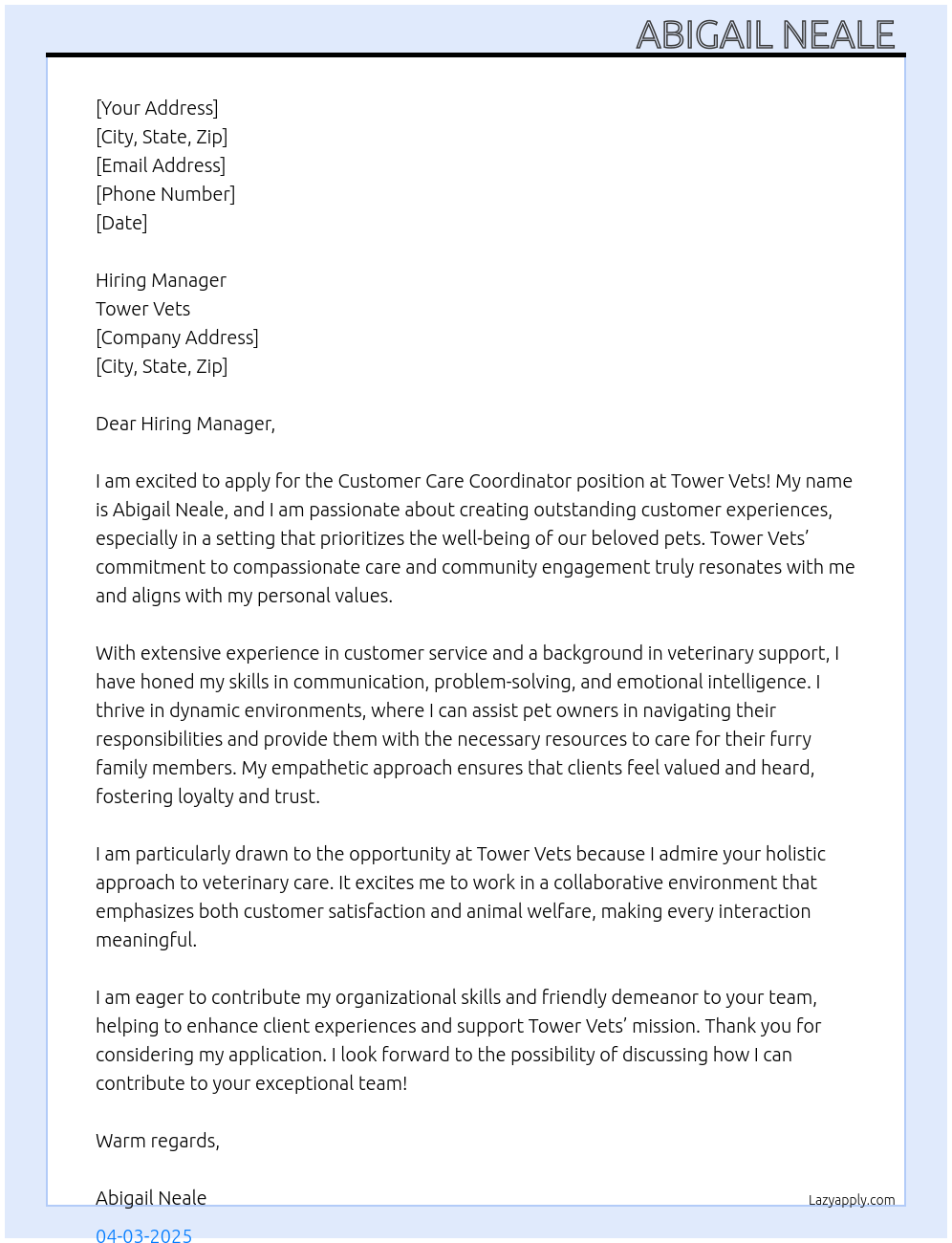 Customer Care Co-ordinator At Tower Vets Cover Letter