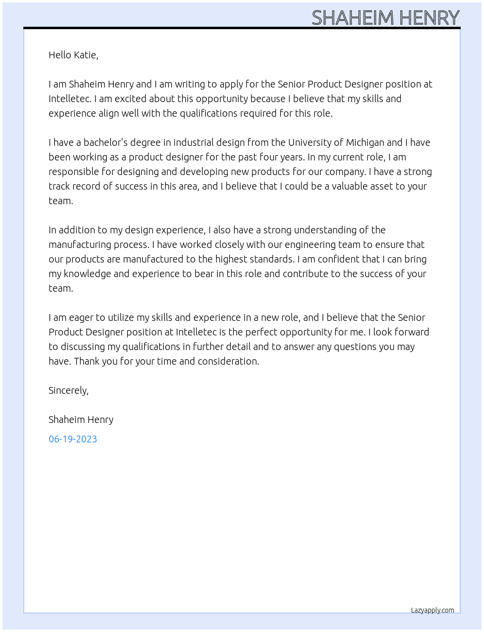 Senior Product Designer At Intelletec Cover Letter