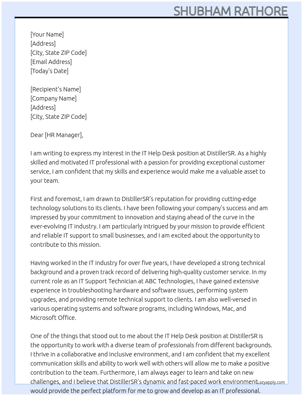 IT Help Desk At DistillerSR Cover Letter