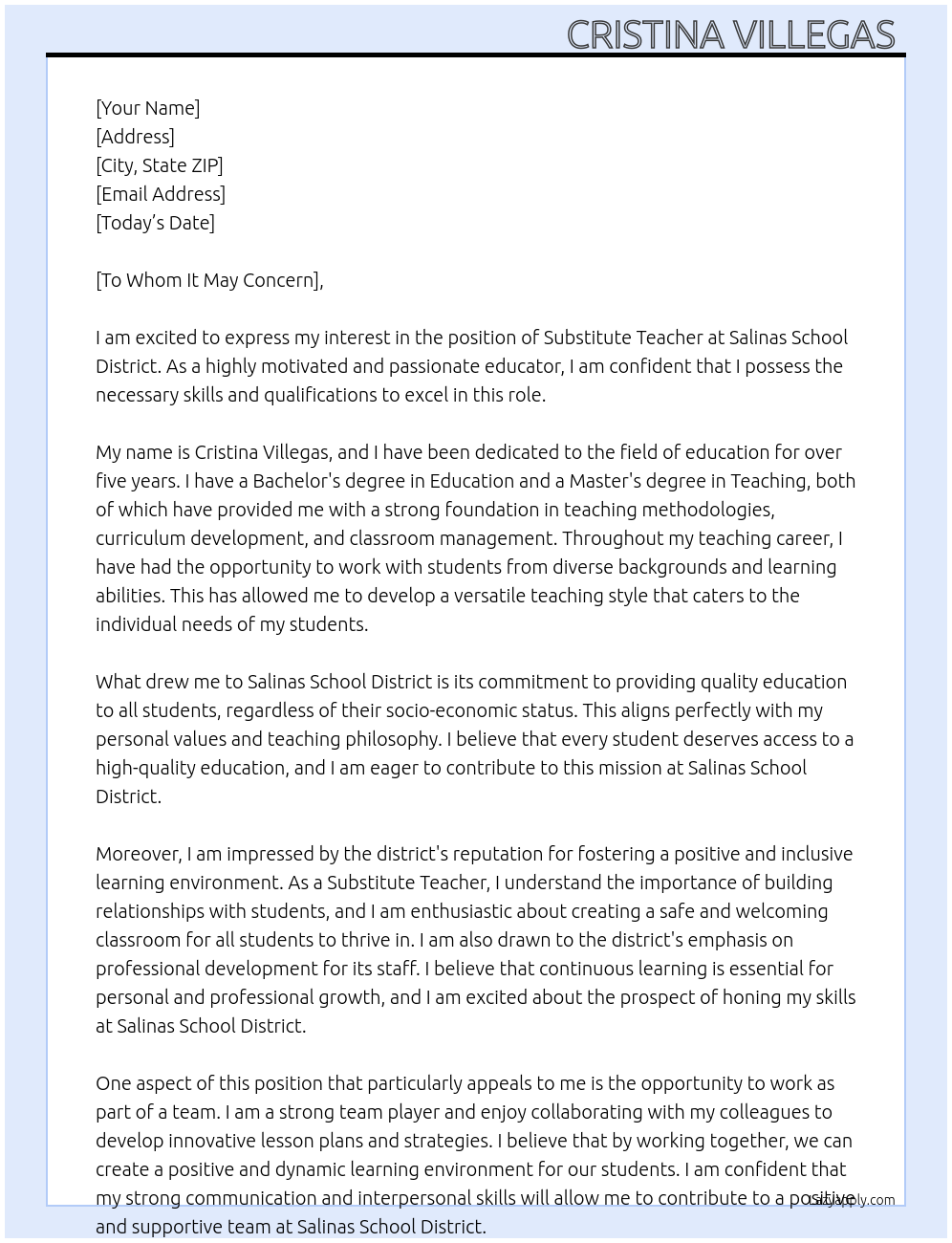 Substitute Teacher At Salinas School District Cover Letter