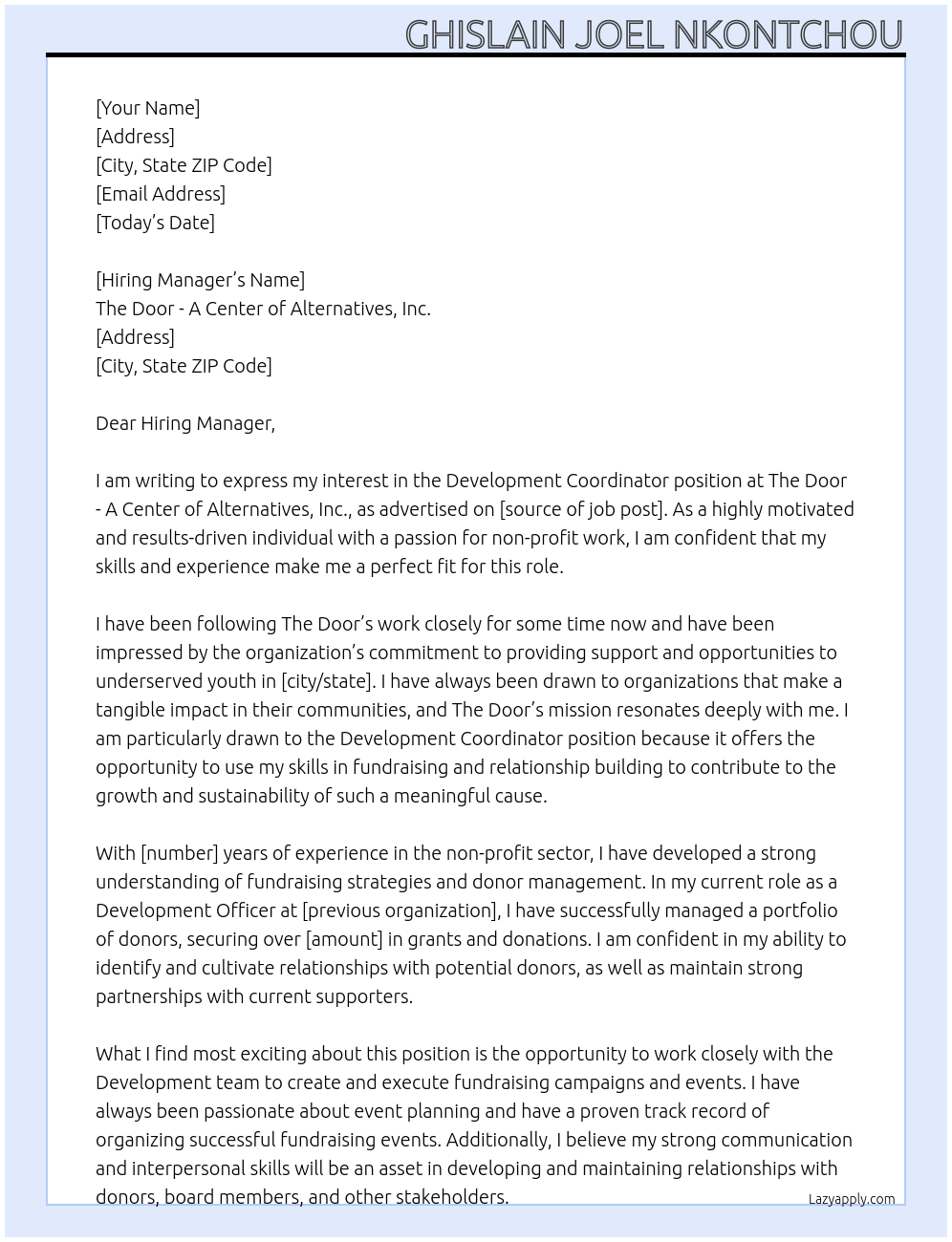 Development Coordinator At The Door - A Center of Alternatives, Inc. Cover Letter