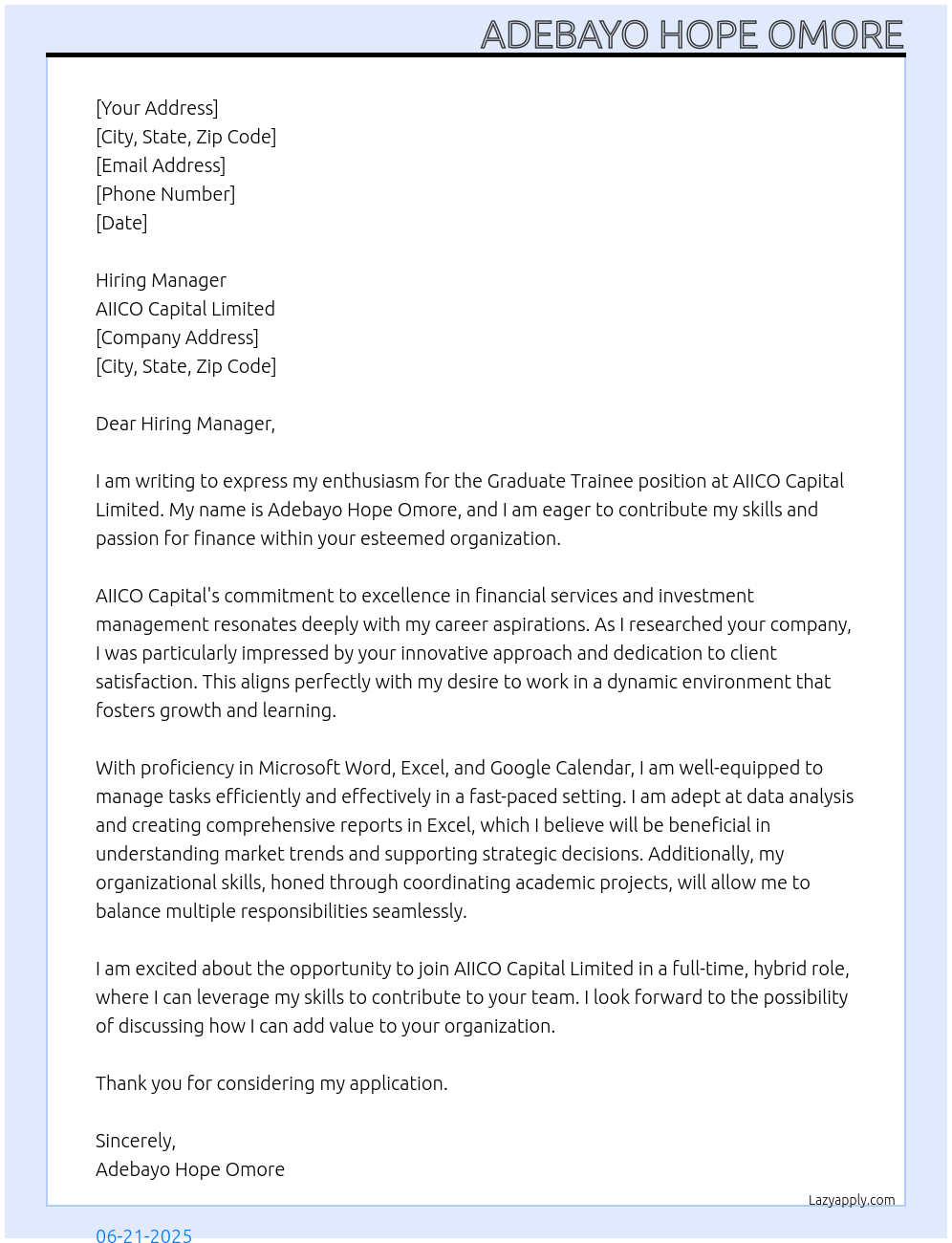 Graduate Trainee At AIICO Capital Limited Cover Letter