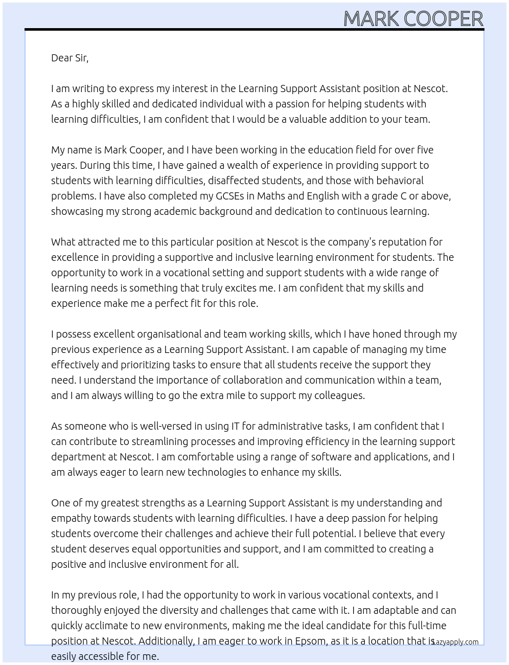 Learning support assistant At Nescot Cover Letter
