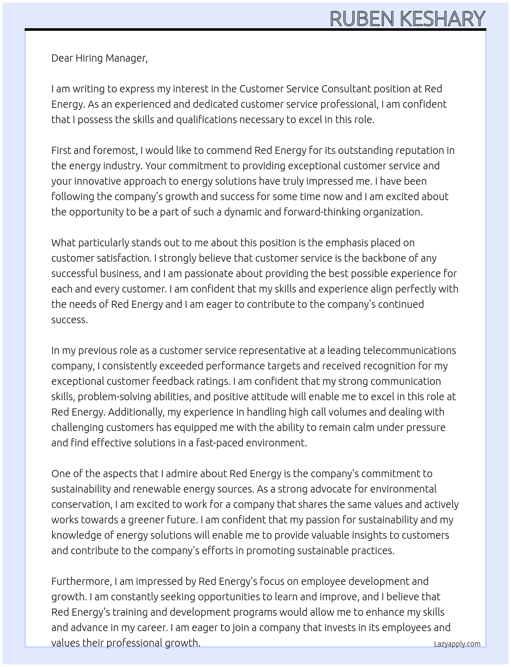 Customer Service Consultant At Red Energy Cover Letter