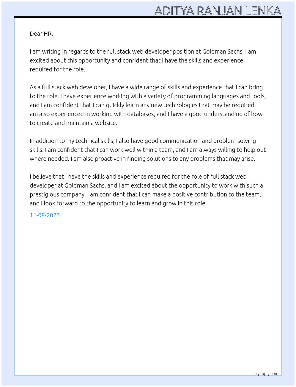 full stack web developer At Goldman Sachs Cover Letter